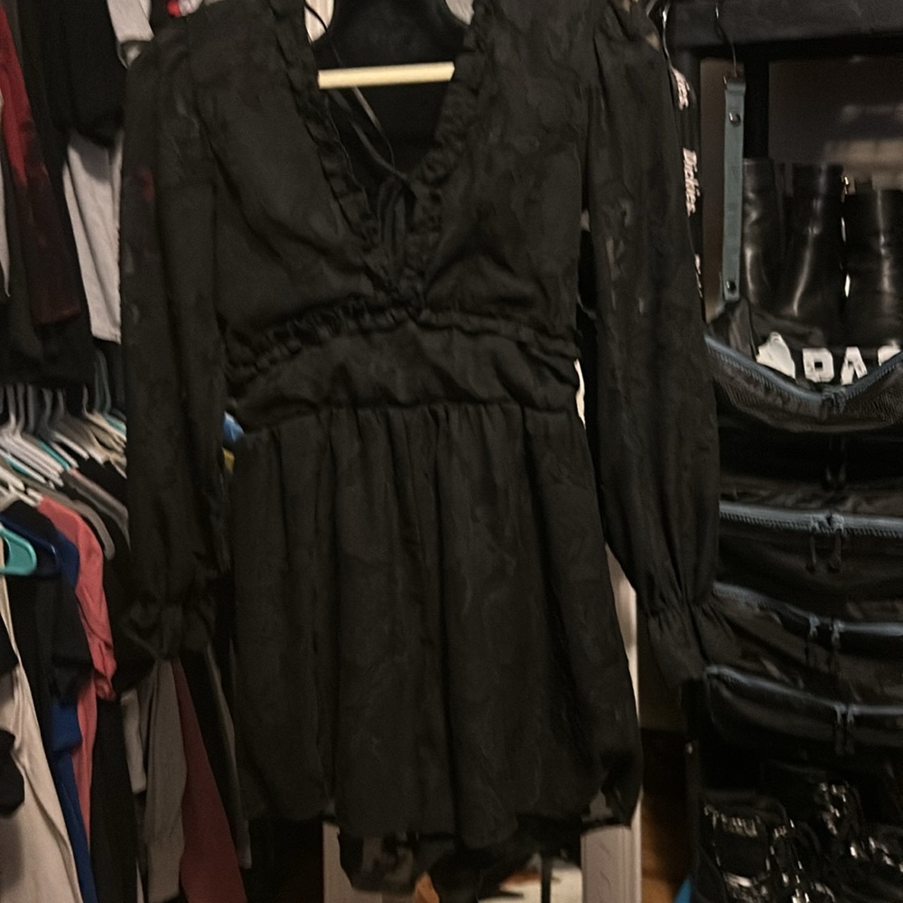 NEVER WORN! ALL Black Dressy Bebe Open Back Floral Ruffle Rompe